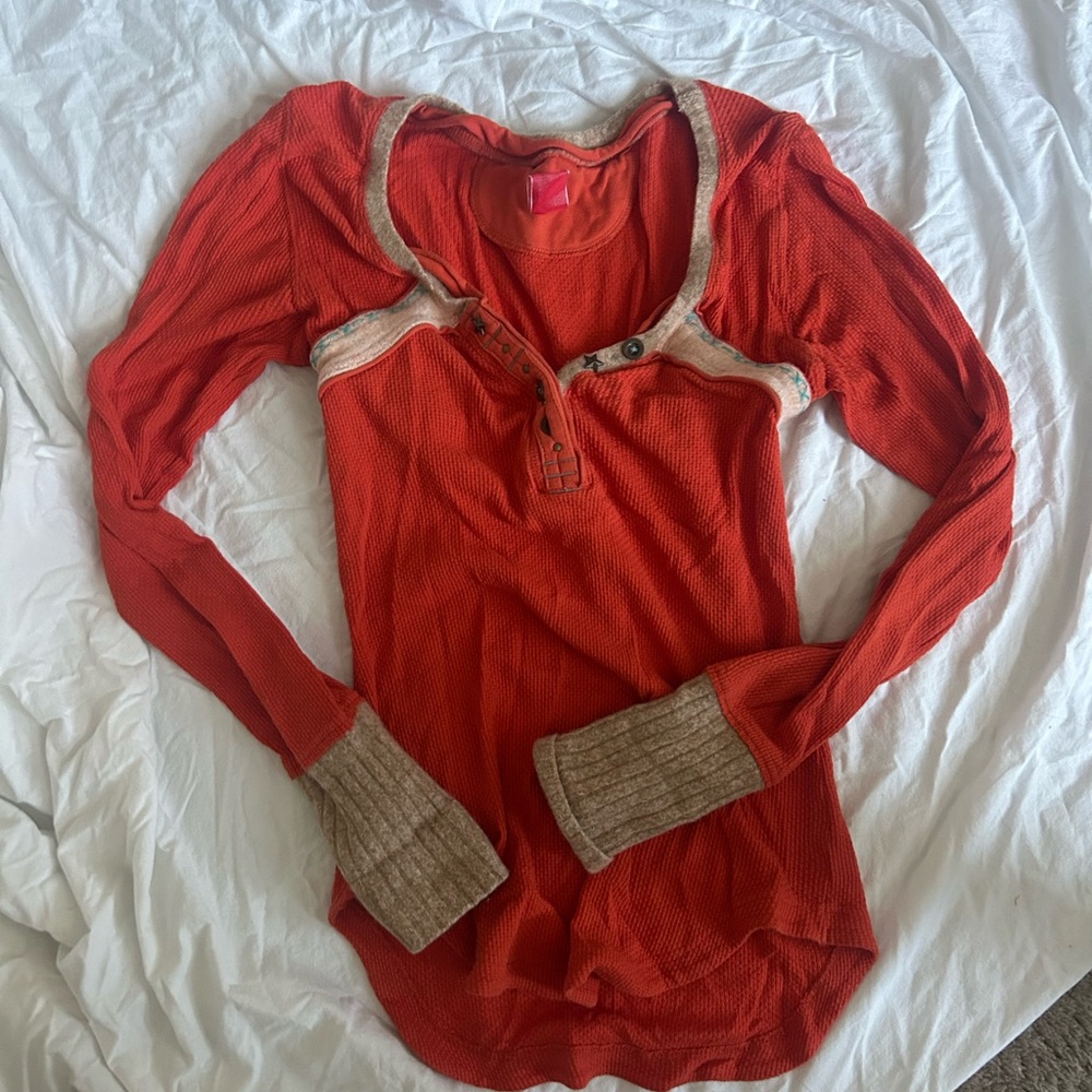 Free People Orange and Cream Long Sleeve Blouse